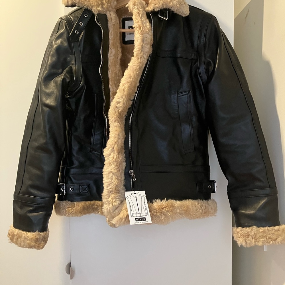 NYC Black and Tan Shearling Jacket - Picture 2 of 6